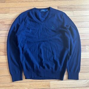 Polo Ralph Lauren V-Neck Jumper Size Small Men's Navy 100% Merino Wool Sweater